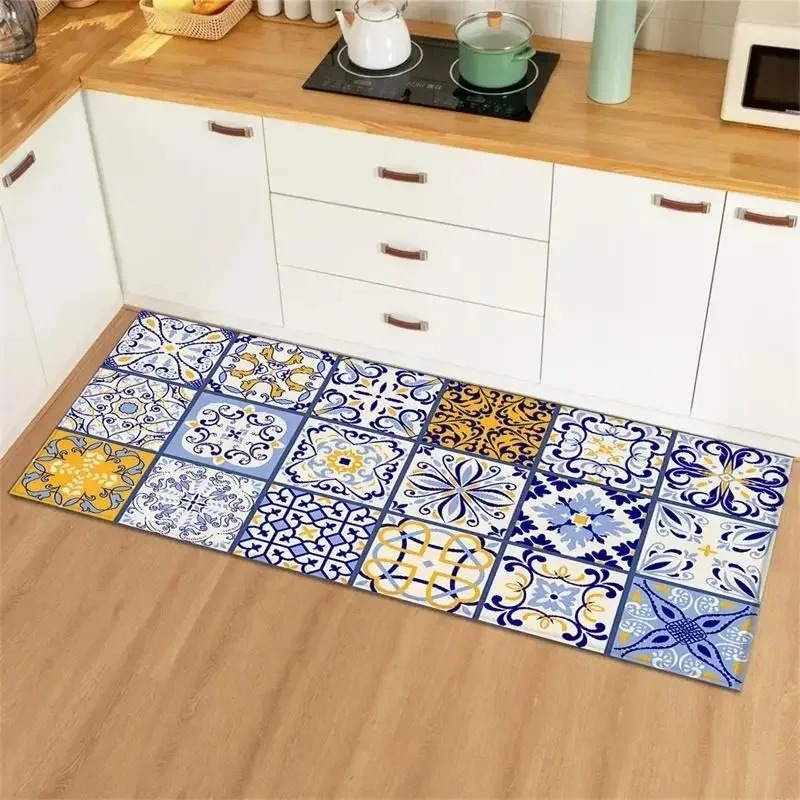 Commercial Kitchen Tile - พรมปูพื้นลายกระเบื้องวินเทจสีน้ำเงินเหลือง สไตล์เมดิเตอร์เรเนียน สำหรับห้องครัว ป้องกันการลื่น ทำความสะอาดง่าย นุ่มสบาย